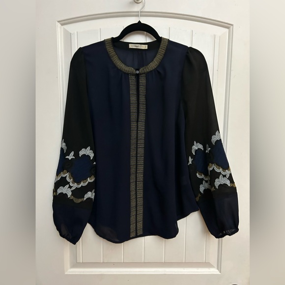 Hazel Embroidered Sleeved Peasant‎ Boho Blouse Navy Black Women’s Small - Picture 1 of 8